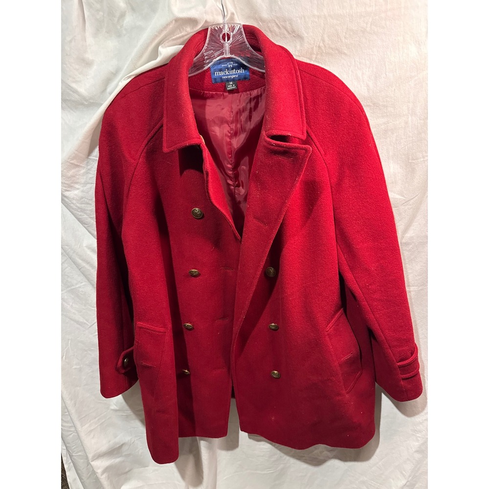 Mackintosh New England Red Wool Blend Double Breasted Pea Coat Gold Buttons 14